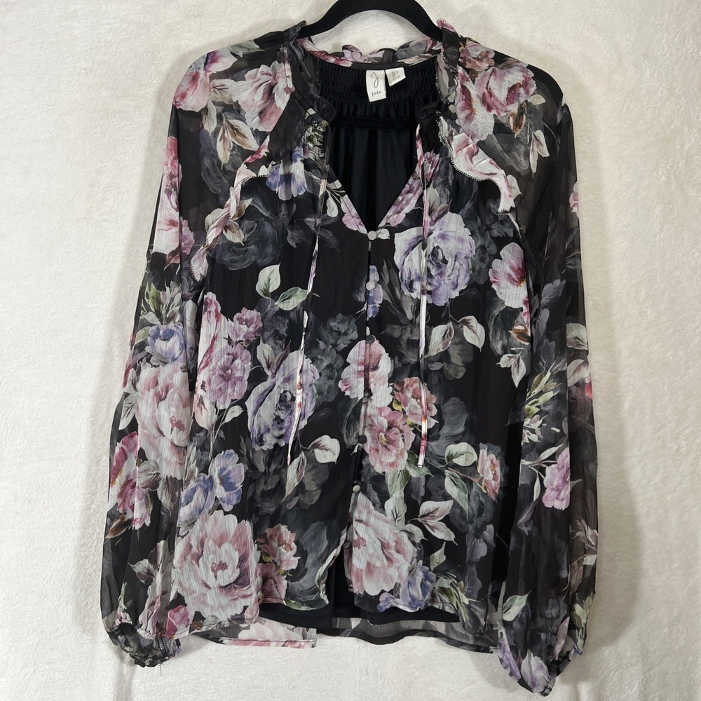 Joie Women's Floral Printed Sheer Long Sleeve V Neck Tie Ruffle Blouse  - L